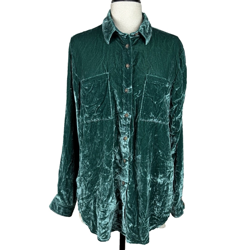 Anthropologie Pilcro Green Velvet Hadley Shirt Top Womes L Relaxed Button Boho